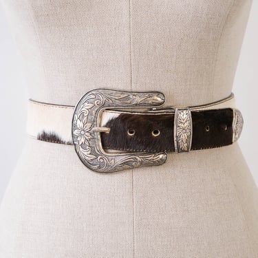Vintage Western CowHide Rockstar Leather Belt W/ Silver Floral Buckle | BB Simon | 26.5"-33" Waist | 100% Genuine Leather | Cowgirl Cowboy 