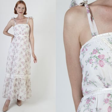 70s Romantic Floral Long Summer Dress, High Waisted Cottagecore Sundress, Rose Floral Lace Prairie Style 