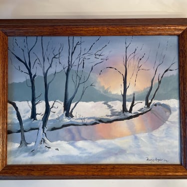 Original Oil Art Winter Landscape | Vintage Hand Painted Oil on Canvas | Framed Oil Painting Art 1991 | Framed aart Mary Rogers 