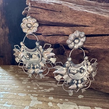 FEDERICO FLOWER LOVEBIRDS Mexican Sterling Silver Stud Earrings| Large Chandelier Dangle Earrings | Frida Kahlo Style, Birds| Handmade 