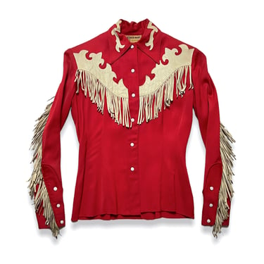 Vintage 1950s Women's RANCH-MAID Gabardine and Buckskin Fringe Western Shirt ~ Snap Button Blouse ~ Rockabilly ~ Cropped 