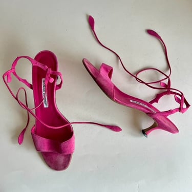 Manolo Blahnik Vintage Pink Genuine Italian Suede Ankle Wrap Sandal 39 