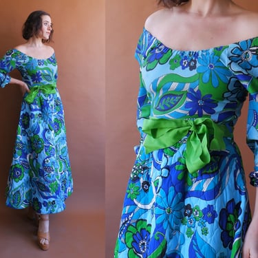 Vintage 70s Quilted Psychedelic Floral Off The Shoulder Dress/ Size Small Medium 