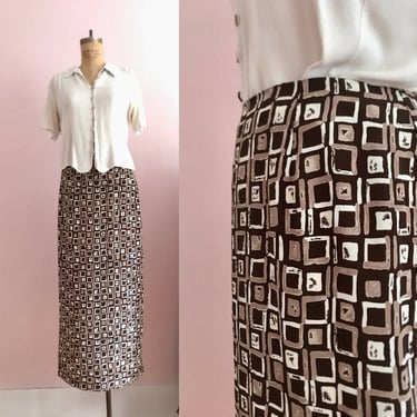1990's Size 4 Slinky Tiled Brown & White Abstract Skirt 