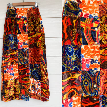Vintage Velvet Patchwork Skirt, 70s USA Made Bright Orange and Blue Tones Maxi Skirt, Golden Button Closure Full Length Skirt Size 10 