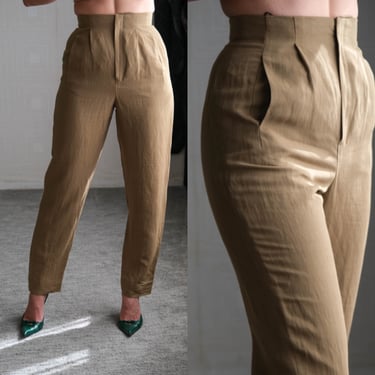 Vintage 90s TAHARI Light Olive Green Linen High Waisted Tapered Leg Slacks Unworn w/ Tags | Made in USA | Linen/Rayon | 1990s Designer Pants 