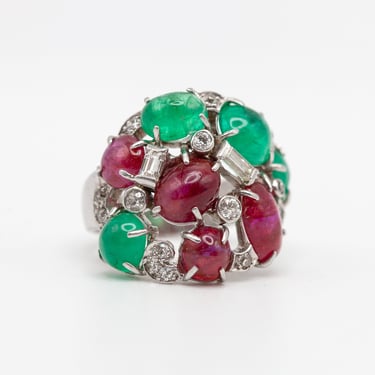 Seaman Schepps 14K White Gold Diamond Ring with Emerald and Ruby