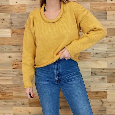 Vintage Yellow Chunky Knit Rollneck Cropped Sweater Top 