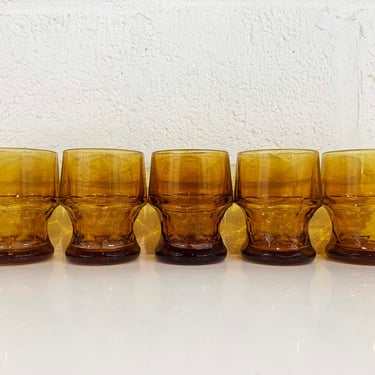 Vintage Amber Goblets Whiskey Glasses Lowball Set of Five Libbey Style Glass Yellow Cocktail Barware Wine Saffron 1970s 