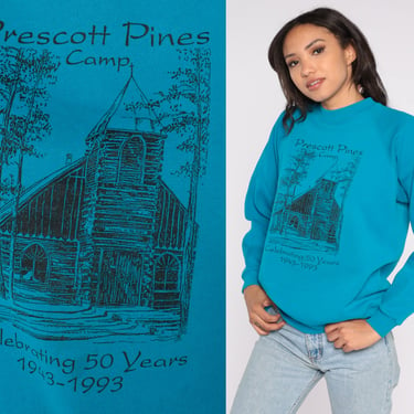 Prescott Pines Camp Sweatshirt 90s Christian Camp Shirt Raglan Sleeve Arizona Graphic Tee Slouchy 1990s Blue Sweater Vintage Crewneck Medium 