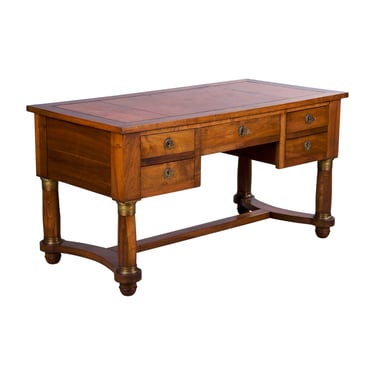 Antique French Empire Style Walnut Writing Desk W/ Brown Leather Top 