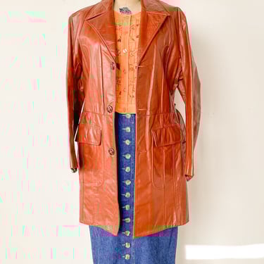 1970s Cognac Brown Leather Trench, sz. L