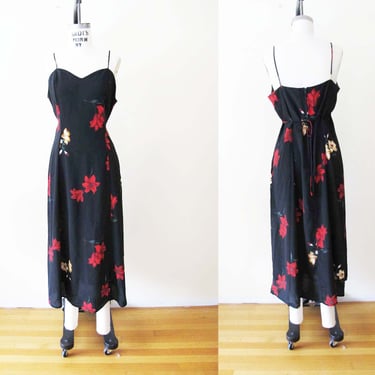 Vintage 90s Y2K Black Strappy Midi Dress M - 1990s 2000s Red Lily Flower Print Cocktail Dress 