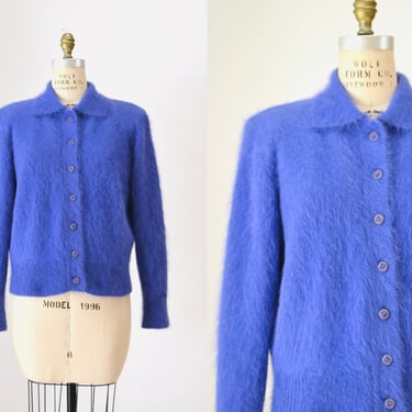 80s Vintage Angora Cardigan Sweater Jacket in Lavender Purple Blue Size Medium // Vintage Blue Angora Sweater Knit Jacket Cardigan Medium 