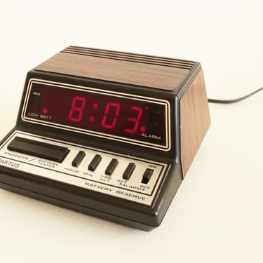 Vintage 80's Small Analog Alarm Clock - Red LED Digital Clockface - Faux Woodgrain 