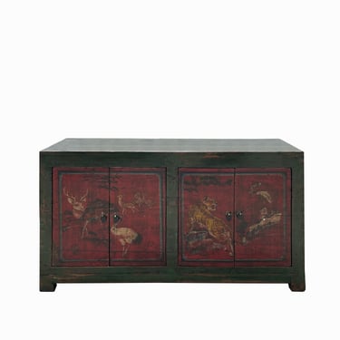 Vintage Chinese Tiger Crane Red Doors Green Top TV Media Console Table cs7684 