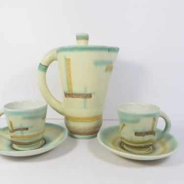 Vintage German Pottery Coffee Pot and Demitasse Cups 