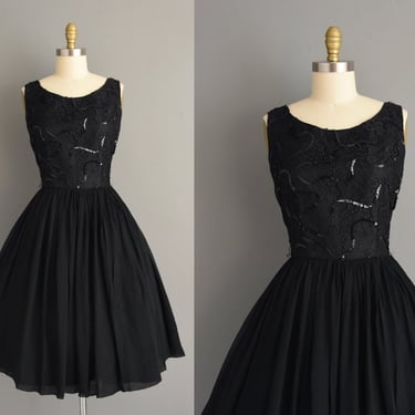 1950s vintage dress | Amour Black Chiffon Sparkly Sequin Bridesmaid Wedding Dress  | Large | 50s dress 
