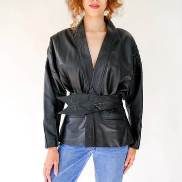 Vintage 80s Jeffrey Orandel Black Kimono Wrap Leather Jacket w/ Floral Snap Belt | Made in New Zealand | 1980s Designer Chic Leather Jacket 