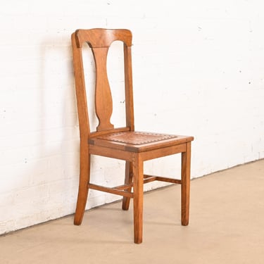 Antique Arts &#038; Crafts Carved Oak and Leather Dining Chair, Circa 1900