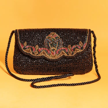 80s Black Beaded Bronze Clutch Purse Vintage Bead Formal Braided Handle Bag 