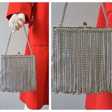 Vintage 1960s 60s ORIGINAL WALBORG Purse Mod w/ draping silver metal chains over silver metallic lame Japan handbag bag 