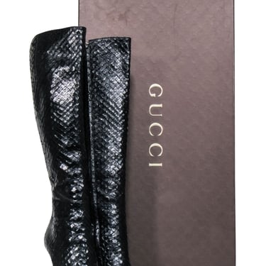 Gucci - Black Snake Skin Textured Leather Stiletto Tall Boots Sz 9
