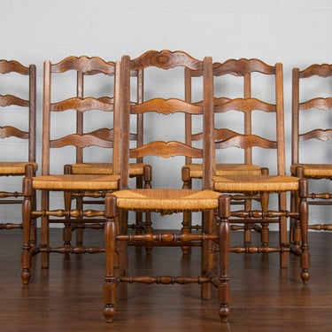 Antique Country French Ladder Back Oak Rush Dining Chairs - Set of 6 