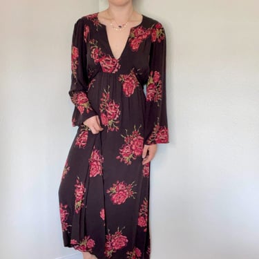 Free People Brown Pink Floral Rose V-Neck Bell Sleeve Maxi Boho Hippie Dress S 
