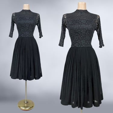 VINTAGE 50s 60s Black Lace Chiffon Full Sweep Party Dress 34B/25W | 1950s 1960s Fit n Flare Taffeta Cocktail Prom Dress | VFG 