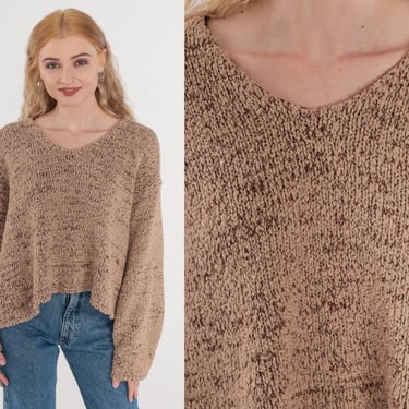 Heather Brown Sweater 90s V Neck Pullover Knit Sweater Retro Slouchy Oversized Neutral Earth Tone V-Neck Vintage 1990s Small Medium Large XL 