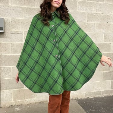Vintage Cape Retro 1960s Lord and Taylor + Made in Austria + Green and Navy + Plaid + Tartan + 100% Wool + Poncho Cape + One Size 