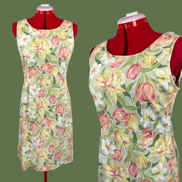 Vintage Laura Ashley Green Floral Tulip Sleeveless Tank Dress 90s Gift 
