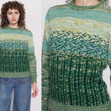 70s Space Dye Forest Sweater - Small | Vintage Novelty Striped Bird Pattern Lightweight Knit Pullover 