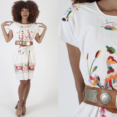 White Cotton Hand Embroidered Mexican Birds Caftan Dress M 