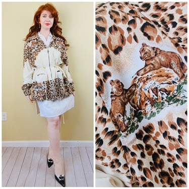 1980s Vintage Marshall Rousso Leopard Print Anorak / 80s Bear / Cactus Drawstring Deadstock Jacket / Large 