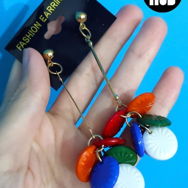 Unique Pop Art DEADSTOCK Large Vintage 80s 90s Colorful Discs Long Drop Earrings 