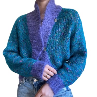 Vintage Hand Knit 80s Mohair Colorful Fluffy Fuzzy Cropped Retro Cardigan Sz S 