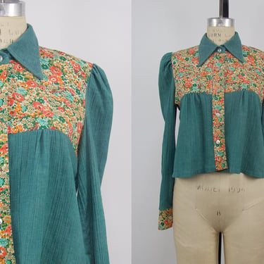 Vintage 1970s Green Floral Western Crop Blouse, 70s Long Sleeve Floral Top, Vintage Westernwear, 70s Boho Hippie Chic, Chest 40