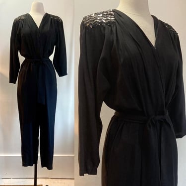 Vintage 70s JUMPSUIT / NOS / Sexy + Dressy / Sequin Shoulders + Cross V-neck + Pockets + Sash Waist + Straight Leg / JT Dress 