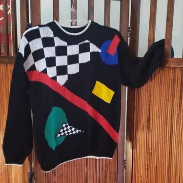 Vintage 80s Fun New Wave Mix Print Sweater Mulit Color on Black Sz M 
