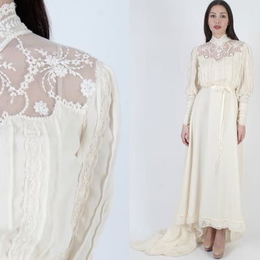 70s Victorian Wedding Dress, Elegant Ivory Floral Embroidered Lace, Long Tiered Bridal Train Maxi Gown 