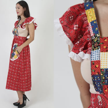 Patchwork Pinafore Kitchen Dress / Vintage 70s Country Wrap Apron / Convertible Full Maxi Skirt / Sexy Americana Calico Maxi 