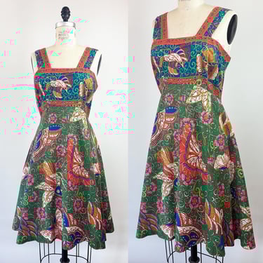 Vintage 1960s Pinafore Style Dress by Loungees Butterfly Floral Batik Style Print Cotton/ 60s Colorful Summer Dress M 