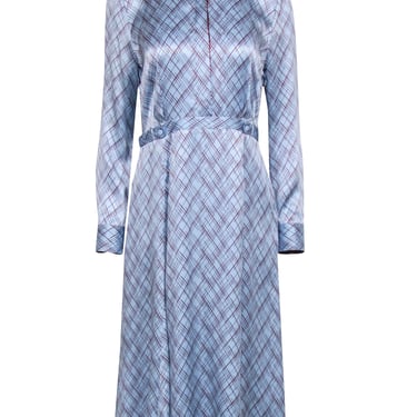 Equipment - Light Blue & Maroon Crosshatch Print Silk Dress Sz S