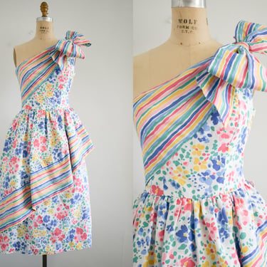 1980s Victor Costa Bow Floral Dress 