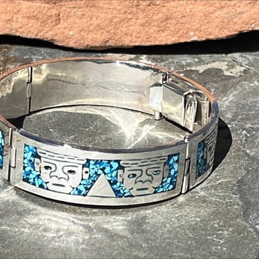 Vintage Mexico Sterling Silver and Blue Chip Enamel Inlay Tribal Warrior Bracelet 