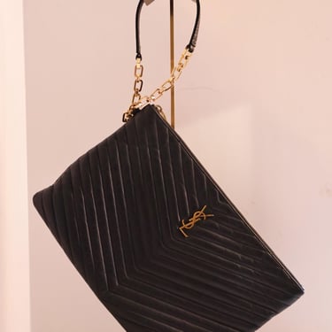 Yves Saint Laurent Black Chevron Cassandre Lambskin Leather Pouch with Chain Clutch Wristlet Envelope Leather Gold Y2K Minimal 