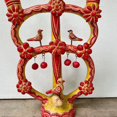 Vintage Mexican Candelabra, Tree Of Life, Birds Flowers, Folk Art, Made In Mexico, Pottery Candle Holder, Red And Yellow, Boho NOTE Damage 