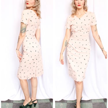 1950s Atomic Print Cotton Pale Pink Sheath Dress - Small 